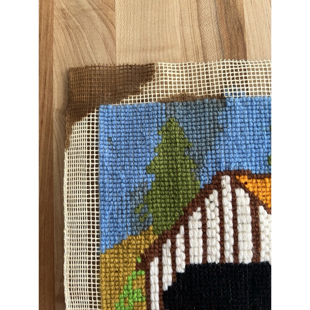 Vintage 60s 70s Completed Needlepoint Covered Bridge Small 10" x 10" - Picture 2 of 9